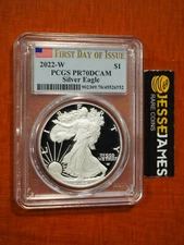 2022 W PROOF SILVER EAGLE PCGS PR70 DCAM FLAG FIRST DAY OF ISSUE FDI LABEL