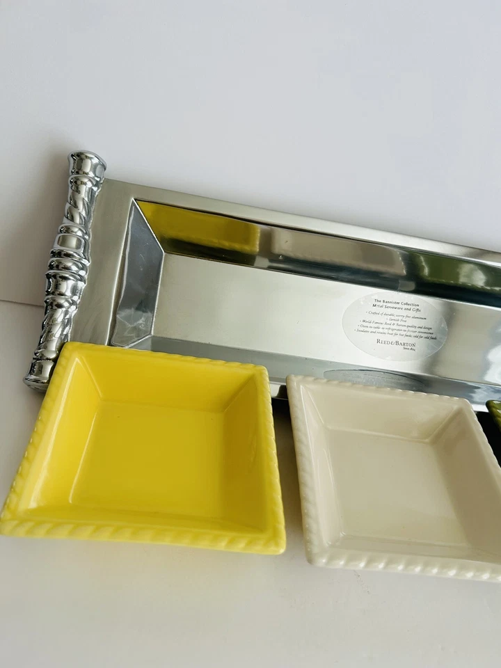 Reed & Barton Bannister Metal Rectangular Serving Tray with Ceramic Dishes 15.5" - Image 3 of 4