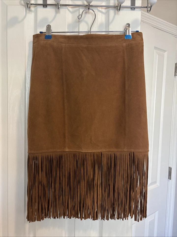 Falda CUSP BY NEIMAN MARCUS Gamuza/Cuero Flecos Marrón Nueva con Etiquetas Talla M Precio de venta sugerido por el fabricante 360 USD Foto 3 de 4
