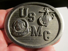 VINTAGE U.S. MARINE CORP FIRST TO FIGHT BELT BUCKLE HEAVY 3 1/4" X 2 1/2" - GW-4