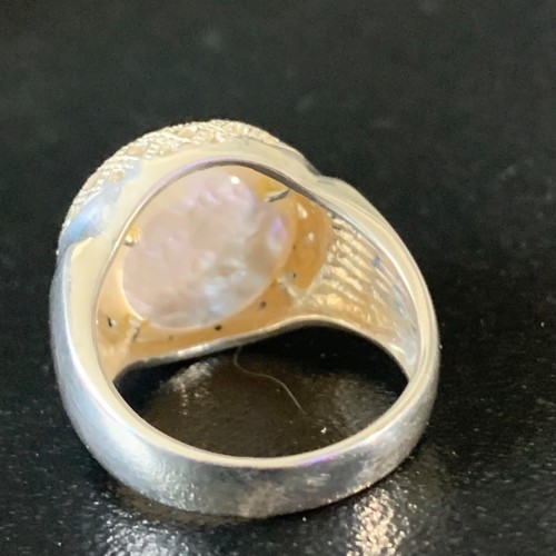 Anello Vintage Argento Sterling Marmo Perla Hong Kong Misura 10 Filigrana Dichiarazione - Foto 4 di 8