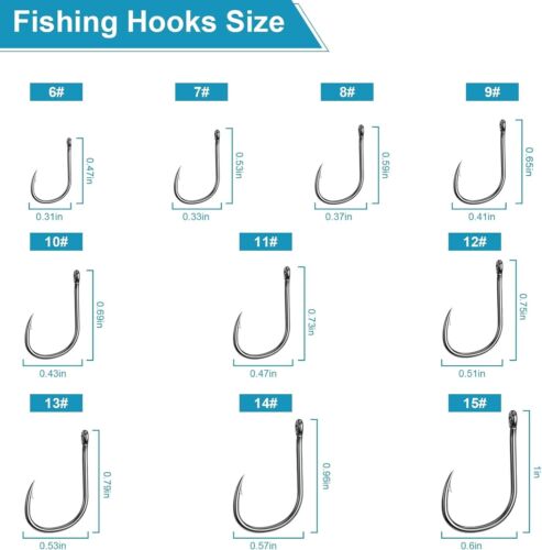 500PCS Carbon Steel Fishing Hooks with Portable Box - 10 Sizes Included - Picture 5 of 9