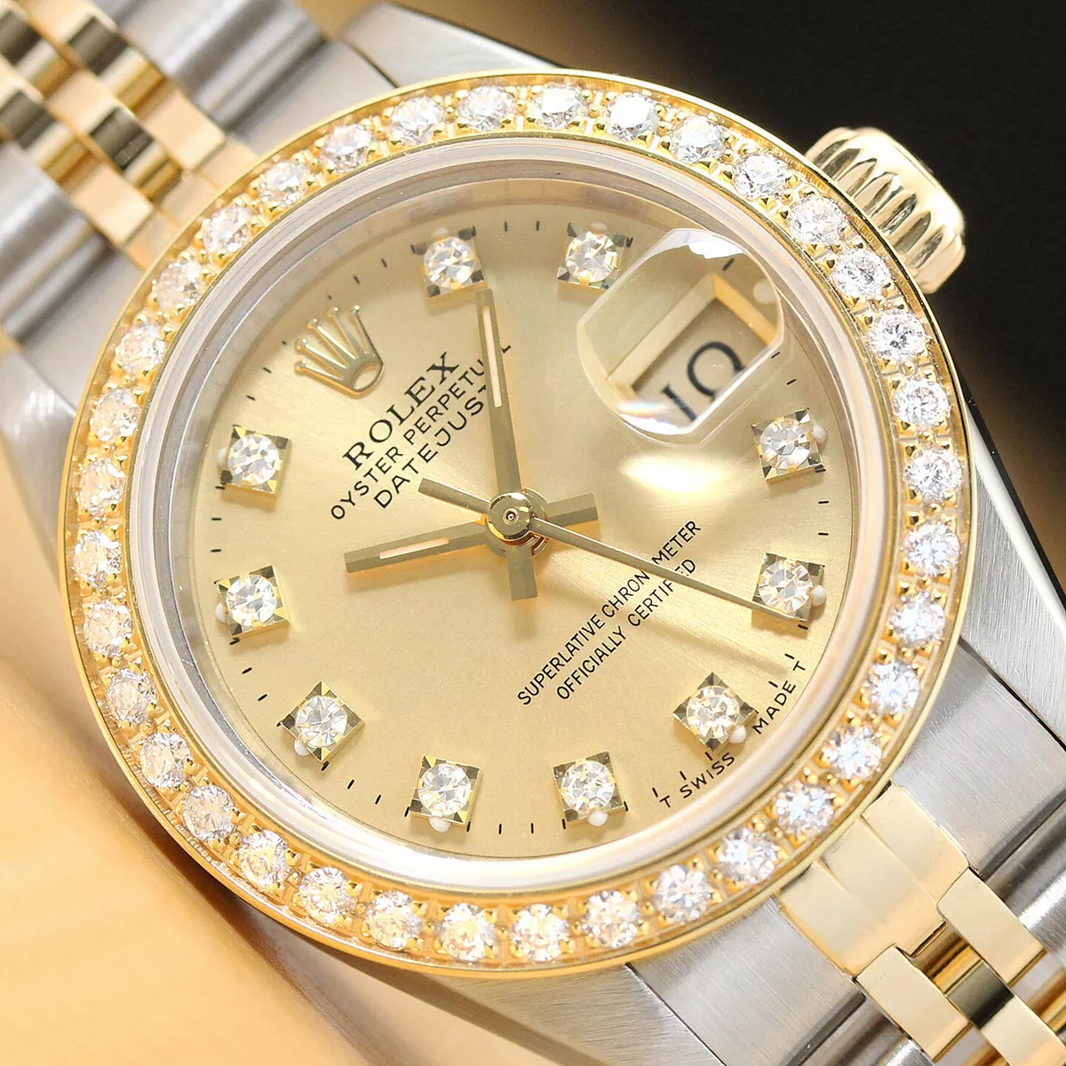 LADIES ROLEX DATEJUST FACTORY DIAMOND DIAL 18K YELLOW GOLD STAINLESS STEEL WATCH