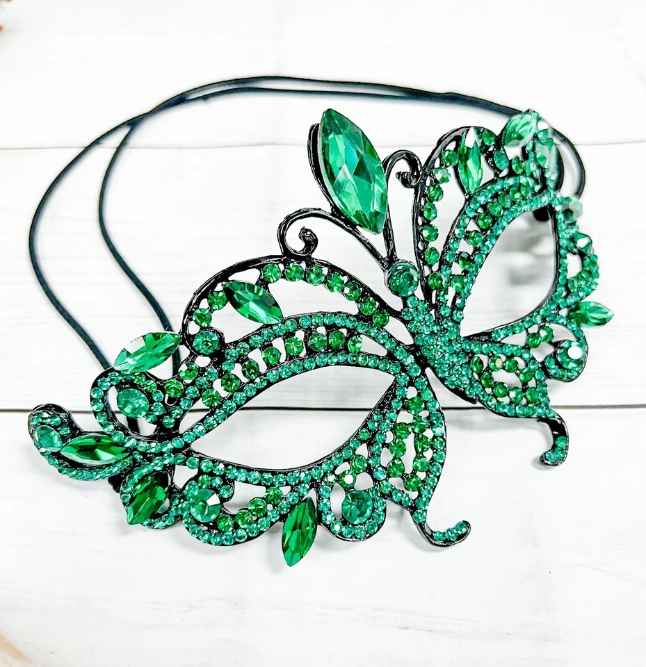 Green Crystal Masquerade Mask, Masquerade Wedding Mask, Black Mask, Prom Mask - Image 4 of 4