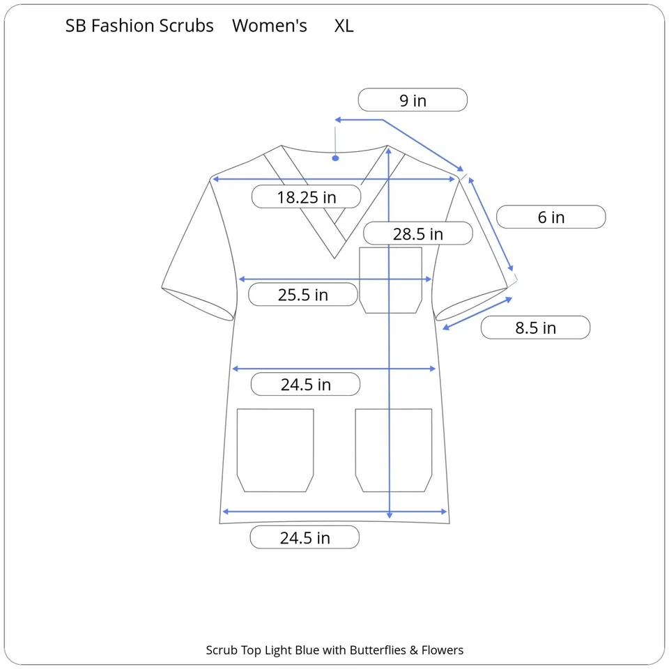 Blusa Médica SB Moda XL Estampado Floral Mariposa Cuello en V Multi Bolsillos Rosa Azul Foto 2 de 4