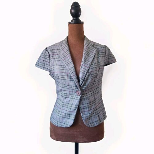 Y2K Short Sleeve Blazer Top Jacket Size S Green Plaid Wet Seal USA Made Stretch