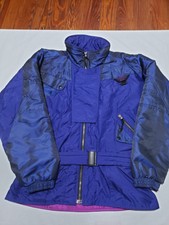 Vintage Mountain Goat Blue Purple Ski Insulat Nylon Jacket Women Large Coat Belt
