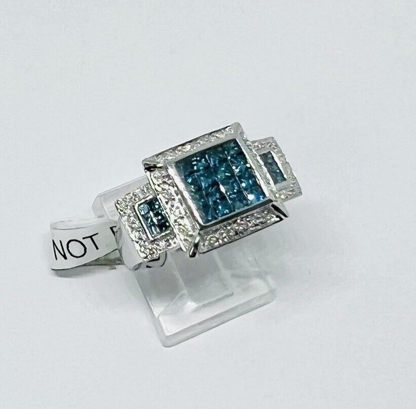 14K White Gold Color Treated Blue Natural White Diamond Ring