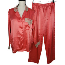 Vintage Victoria's Secret P Pajama Set Coral Orange Lounge Satin Silky Lace