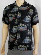 BATIK BAY Hawaiian Aloha Camp Shirt M Medium Lobster Palm Tree Boat Black Rayon