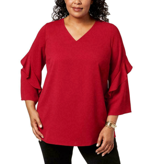 red ruffle sleeve blouse