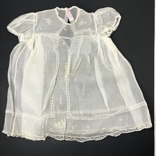 Vtg 60s Ersons White Embroidered Smocked Baby Dress Sheer Sz 6-9M Lace Ruffle