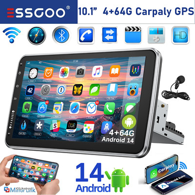 4G+64G 10'' Single 1 DIN Carplay Android 14 Car Stereo Radio Rotatable GPS WIFI