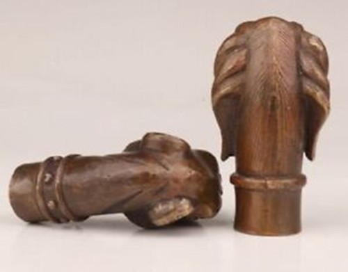 2PC Vintage Old Bronze Statue Dog Cane Walking Stick Head Handle Accessorie - Picture 5 of 7