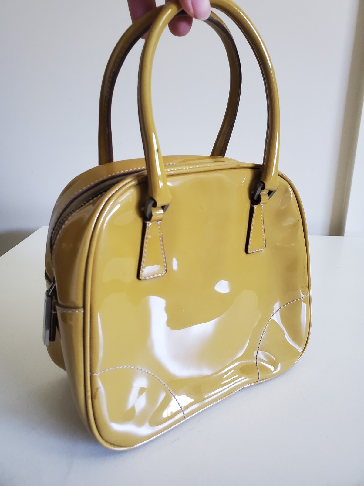 PRADA Patent Leather Bauletto 24 Mini Bag Mustard Yellow Brown Small Handbag  thumbnail 13