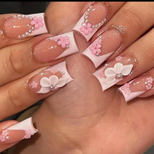 Pink French Press On Nails 3D Flower Rhinestone Long Square Self-Adhesive Set