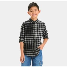Cat Jack NWT Boys' Long Sleeve Flannel Button-Down Shirt Black Size M 8