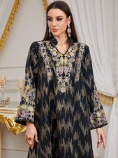 Women's Long Sleeve Floral Embroidery Dress Elegant Arabic Kaftan Party Gown New