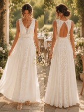 LuLus Ivory Lace Sleeveless V-Neck Open Back A-Line Full-Length Dress XS