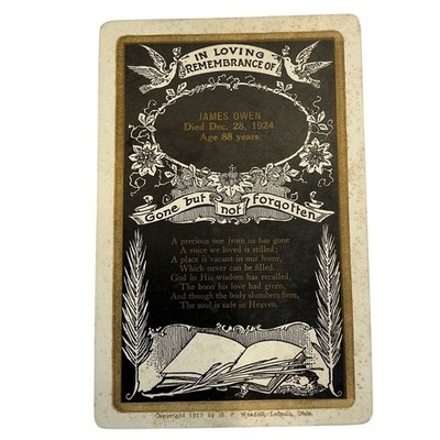 Vintage 1924 James Owen Memorial Card In Loving Remembrance Funeral Ephemera
