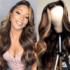 Brazilian Human Hair Highlight 4x4 Lace Front Wig Balayage Body Wave Ombre La...
