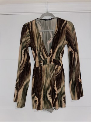 Boohoo Brown Khaki Ribbed Wide Long Sleeve Playsuit Size 12