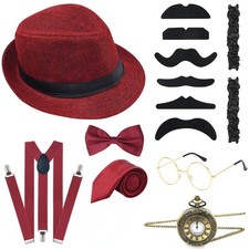 10 PCS 1920s Men Costume Accessories Set Roaring Retro Gangster Hat Bow Tie