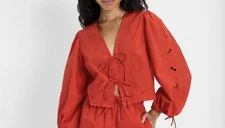 Future Collective Blouse Red Cotton Poplin Eyelet Long Sleeve Size Medium NWT