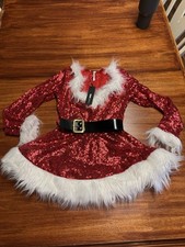 Red Sequin Fur Black Belt Christmas Party Deep V-Neck Long Sleeve Mini Dress S