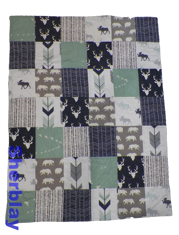 Woodland Quilt Baby Blanket Deer Bear Feathers Navy Blue Grey Buck Crib Toddler