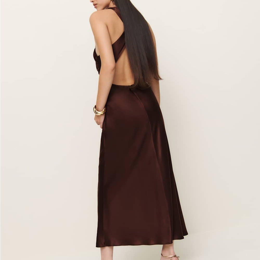 Reformation Casette Silk Dress, Mahogany Brand New image 5