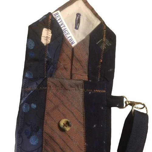 Handgefertigte Upcycling Vintage umfunktioniert blau braun Krawatte Kalbsleder Tasche Handtasche - Bild 3 von 3