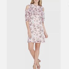 NWT Tahari ASL Levine Sz 8 Blush Pink Dress Cold Shoulder Ruffle Shift Coquette