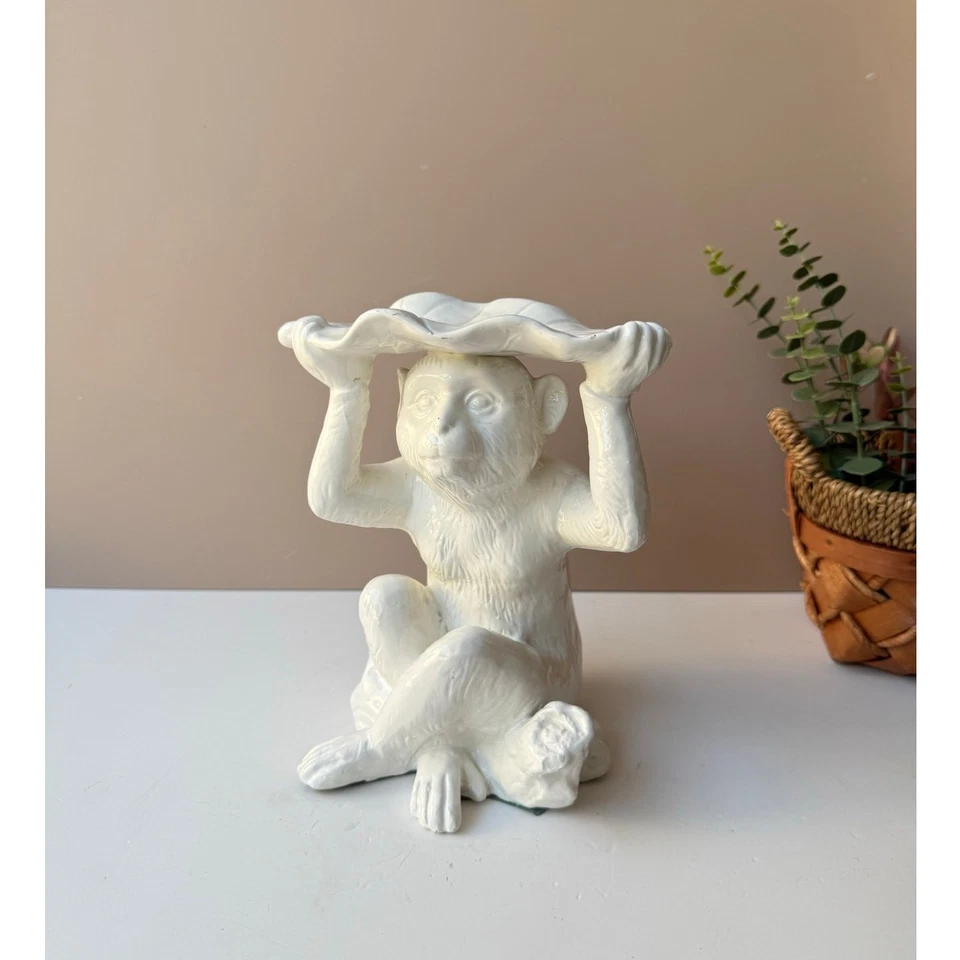 Винтажная керамическая фигурка обезьяны с листом высотой 8 дюймов | декор Chinoiserie - Изображение 2 из 4