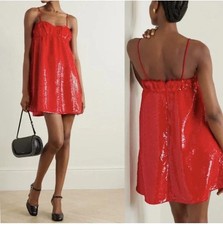 NWOT Ganni Ruffle Trim Red Sequin Babydoll Mini Dress US 6 Designer Boho Holiday