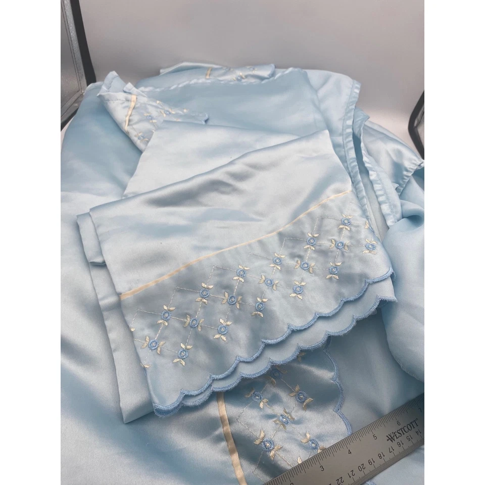 复古大号床缎面床单套装蓝色花卉刺绣扇形边缘很好美国 — 第 2/4 张图片