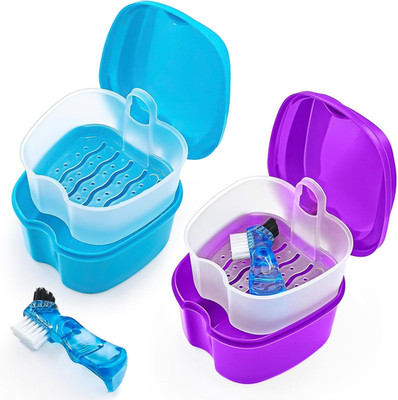 2 Pack Denture Case Dental Mouthguard Case, Denture Bath Box Cleaning with Brush