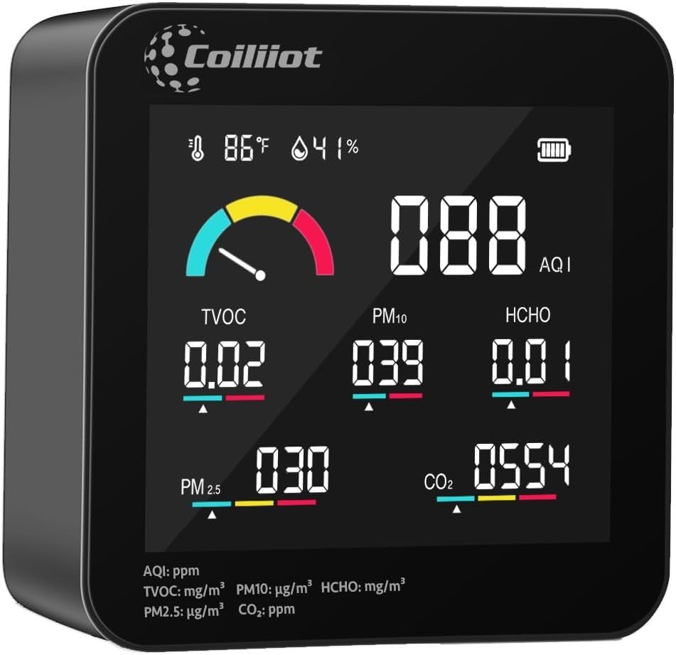 Air Quality Monitor Indoor – CO2 Detector, VOC Meter and AQI Tester Tracks TVOC,