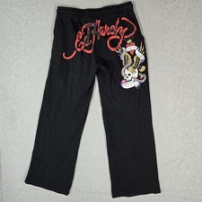 Ed Hardy Women Activewear Pants M Black Sweatpants Graphic Fleece Skull READ