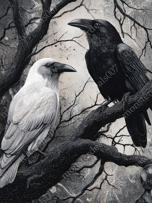 Black & Albino White Raven - 6 Sizes - Wall Art Print Gothic Witchy Crow Poster