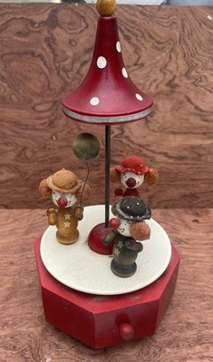 Schmid made in  Japan Vintage Music Box Wooden Hand Crafted Carousel Clowns#MI