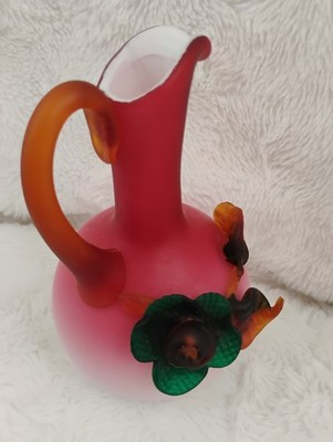 Peachblow Glass Ball Cruet with Applied Flowers Amber Handle Italy Import  1960s