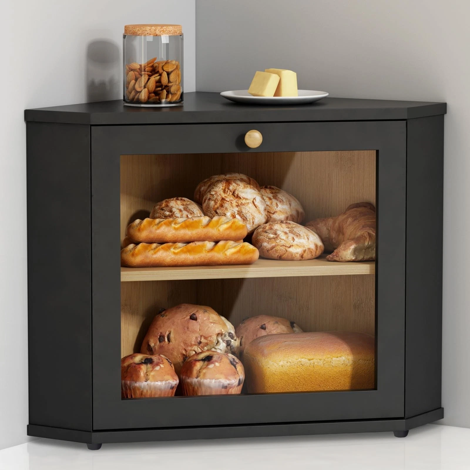 Corner Bread for Kitchen Countertop, Black Bread Storage Container for Homema...