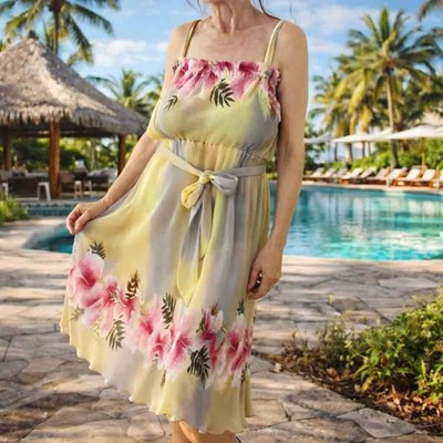 Vintage 70s Floral Hibiscus Micro pleated Sun Dress Medium