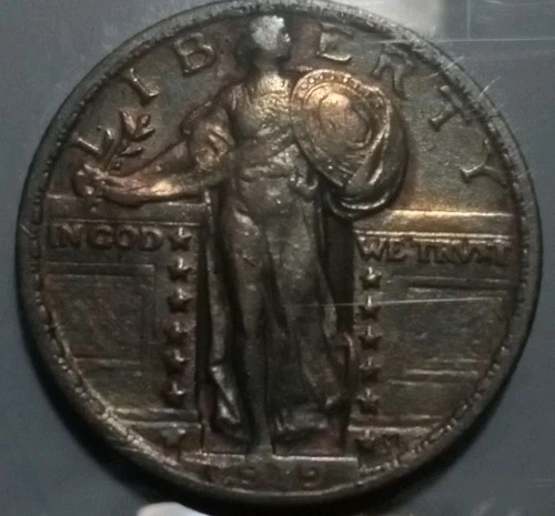 1919 Standing Liberty Silver Quarter Rare High Grade BU Rainbow Toned Antique