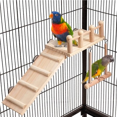 FrgKbTm Bird Perches Platform Swing with Climbing Ladder, Parakeet burlywood
