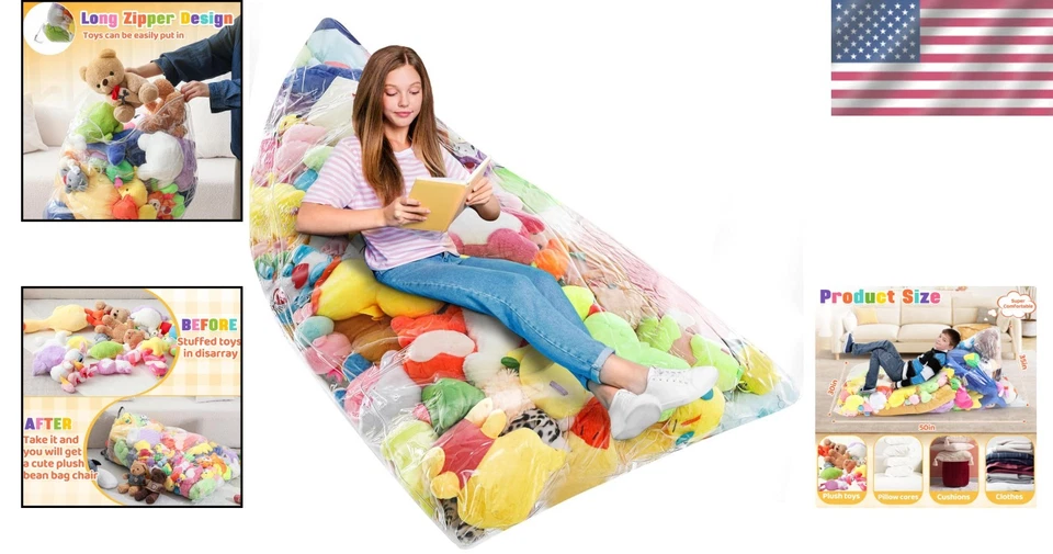 Funda de sofá silla bolsa de frijoles transparente para almacenamiento de animales de peluche para niños... Foto 2 de 4