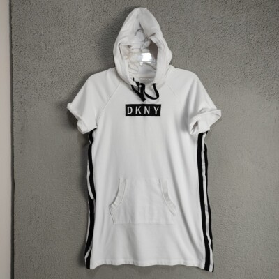 DKNY Hoodie Womens Large White Embroider Logo Short Sleeve