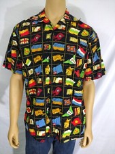 Gottex Mens M SS Black Button Front Shirt Flags Nautical Sailing 100 Cotton