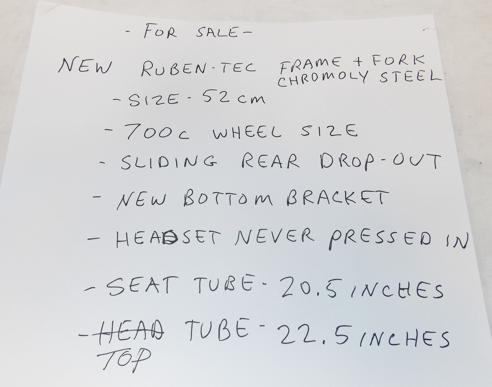 NOS Ruben-Tec Chromoly Steel Bicycle Frame w/Fork. Single Speed Rear Drop Out